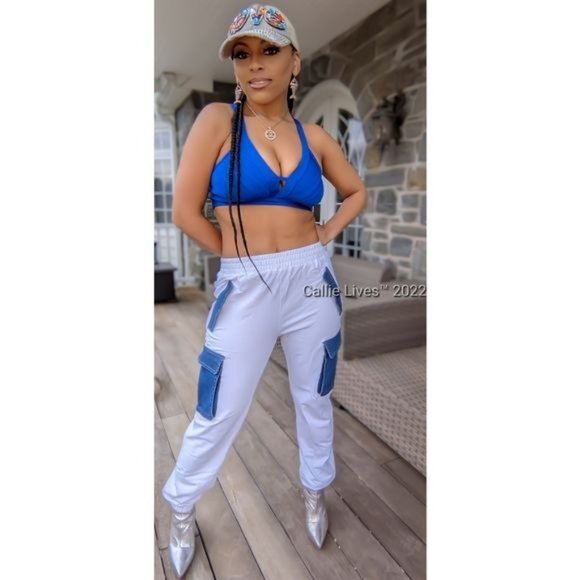 Callie Cargo: Mixed Media Denim & Cotton White Jogger Pants - Picture 6 of 13